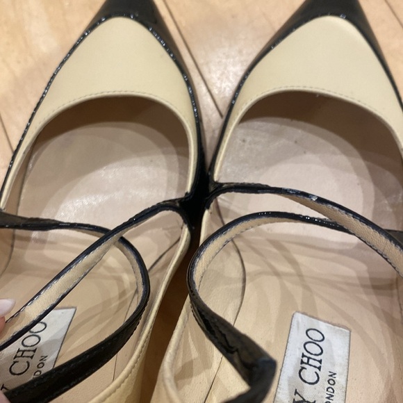 Jimmy Choo Patent Leather 133 Twist Nude Black Buckle Pointed Toe Heels Pumps 38 - Picture 14 of 16